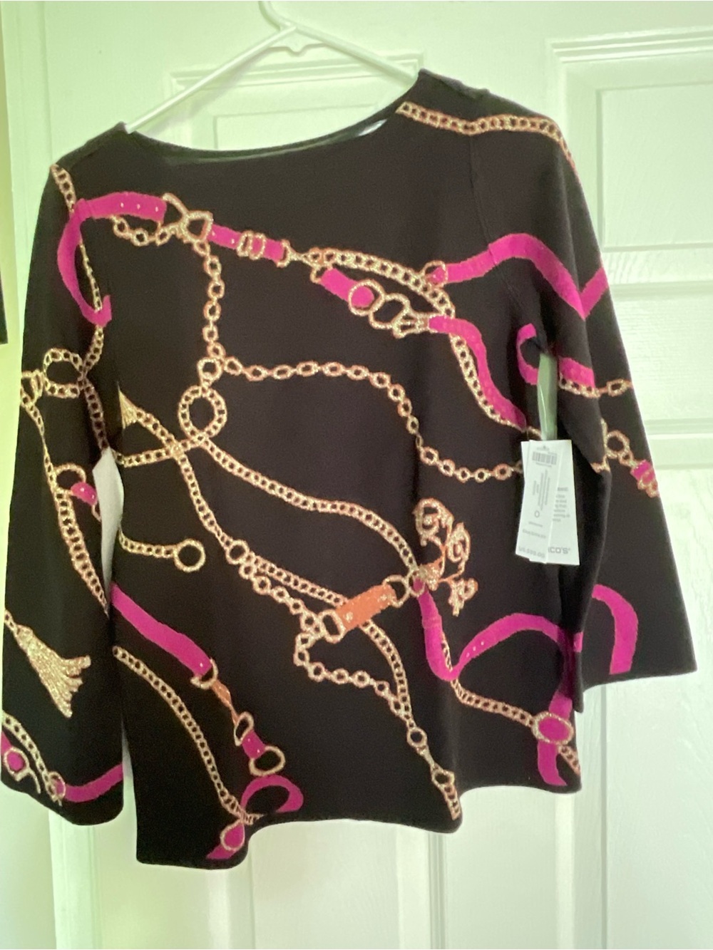Chico's Black Top with Fuchsia and Gold Chain Print - Long Sleeve